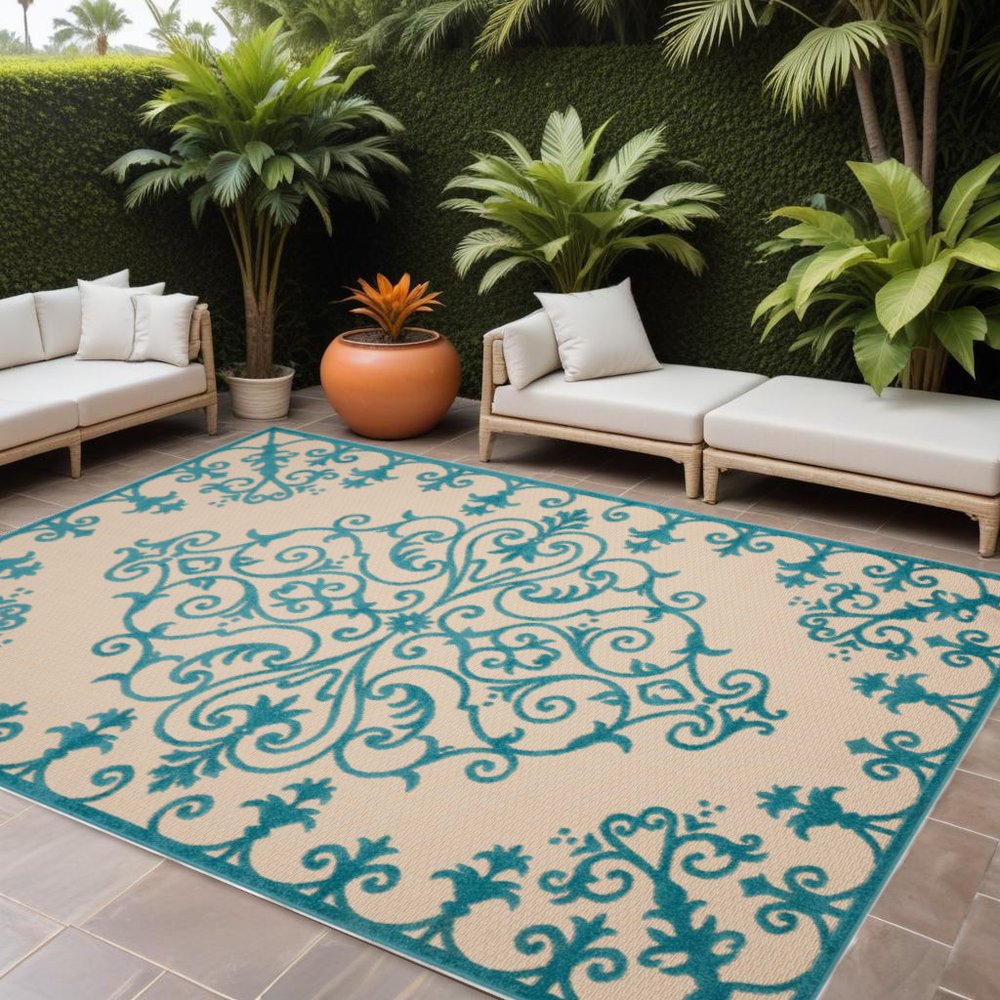 3' X 4' Green Damask Indoor Outdoor Area Rug