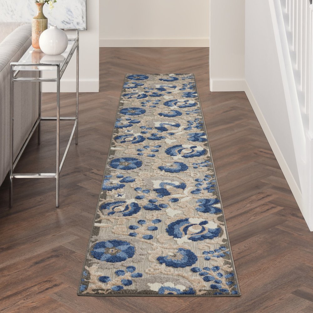 5' X 8' Blue And Gray Floral Indoor Outdoor Area Rug