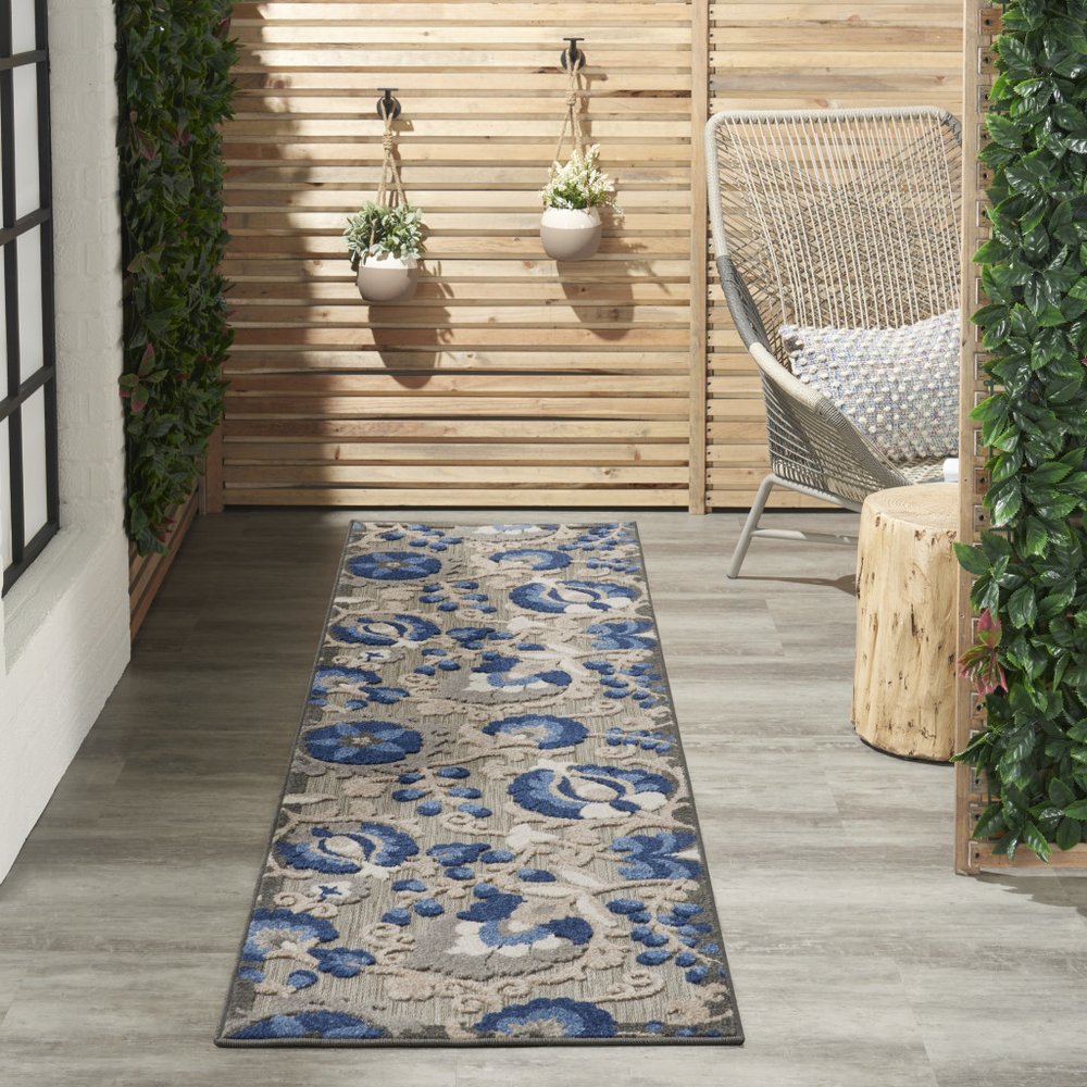 5' X 8' Blue And Gray Floral Indoor Outdoor Area Rug