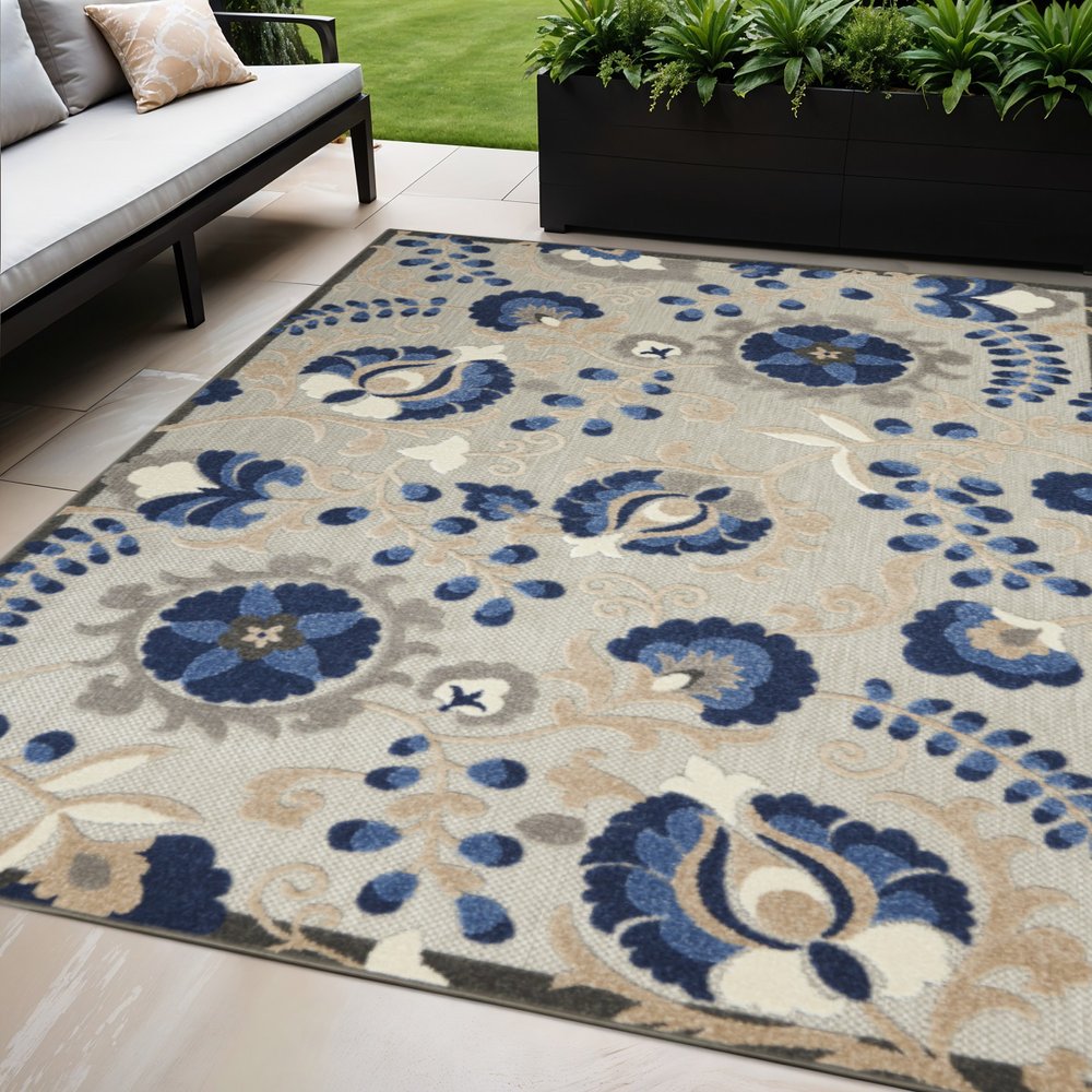 5' X 8' Blue And Gray Floral Indoor Outdoor Area Rug