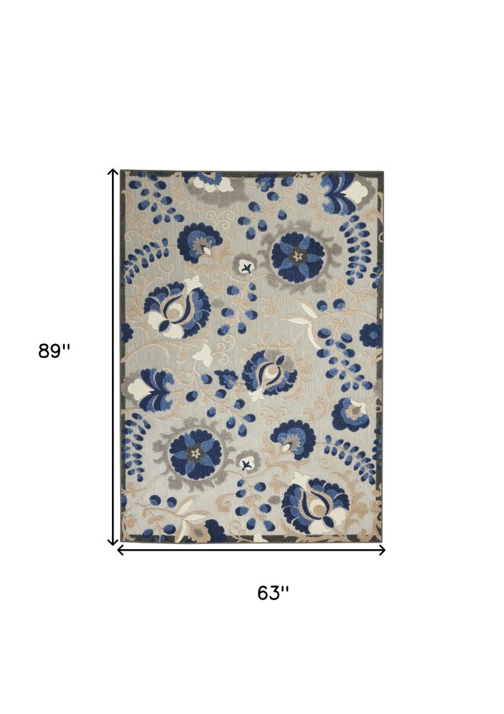 5' X 8' Blue And Gray Floral Indoor Outdoor Area Rug