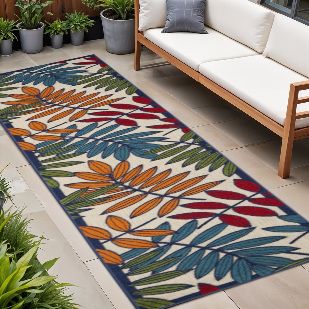 8' X 11' Ivory And Blue Floral Indoor Outdoor Area Rug