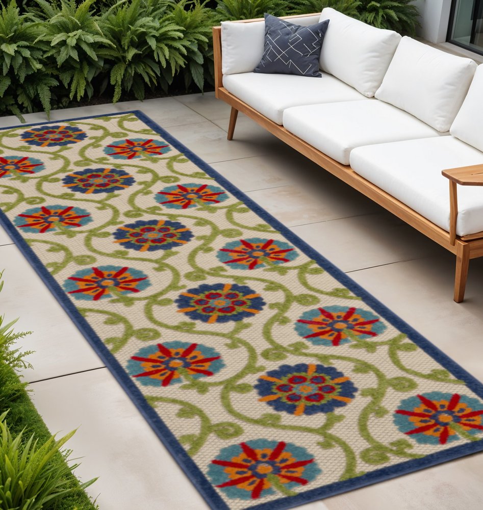 12' Ivory And Blue Indoor Outdoor Runner Rug