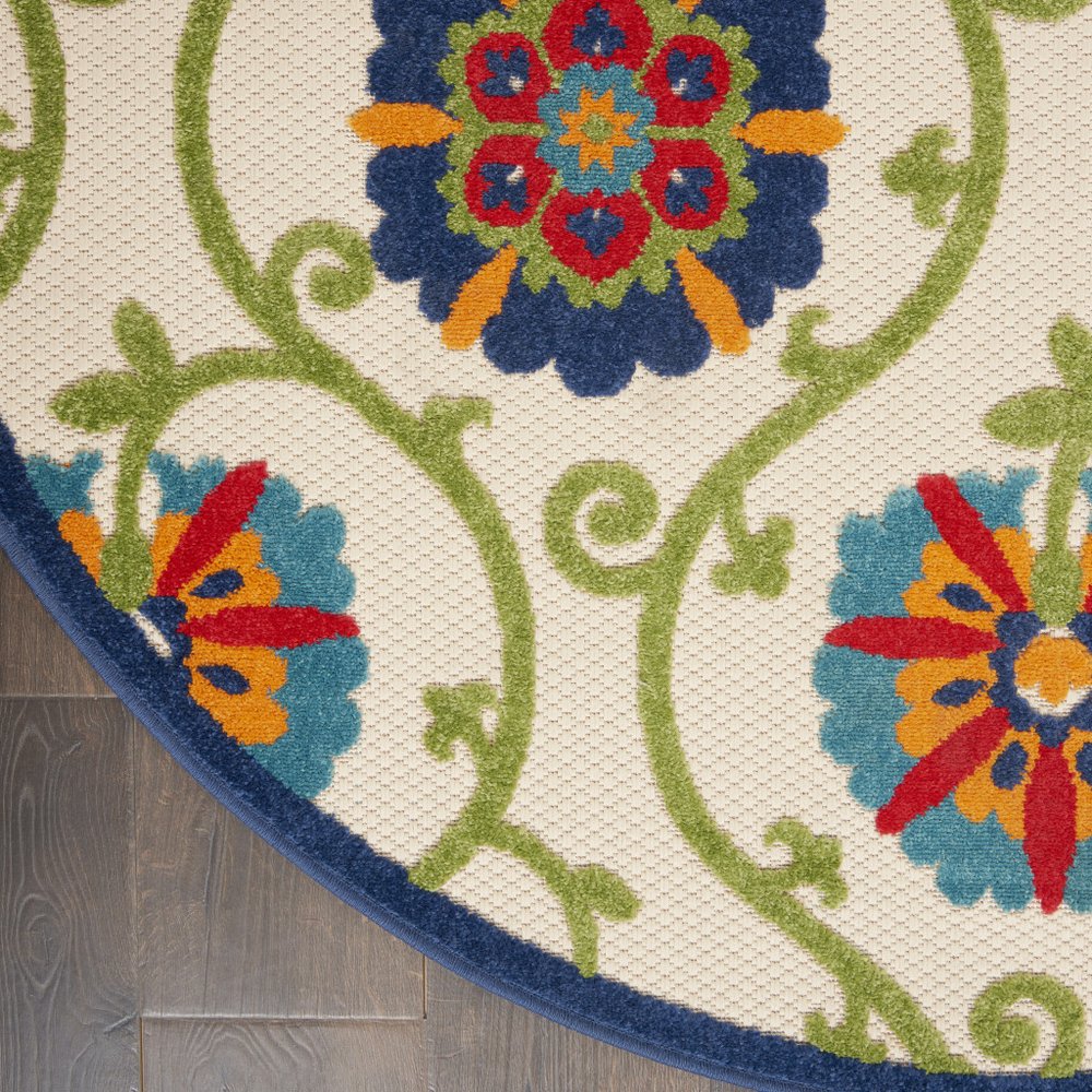 8' Ivory And Blue Round Indoor Outdoor Area Rug