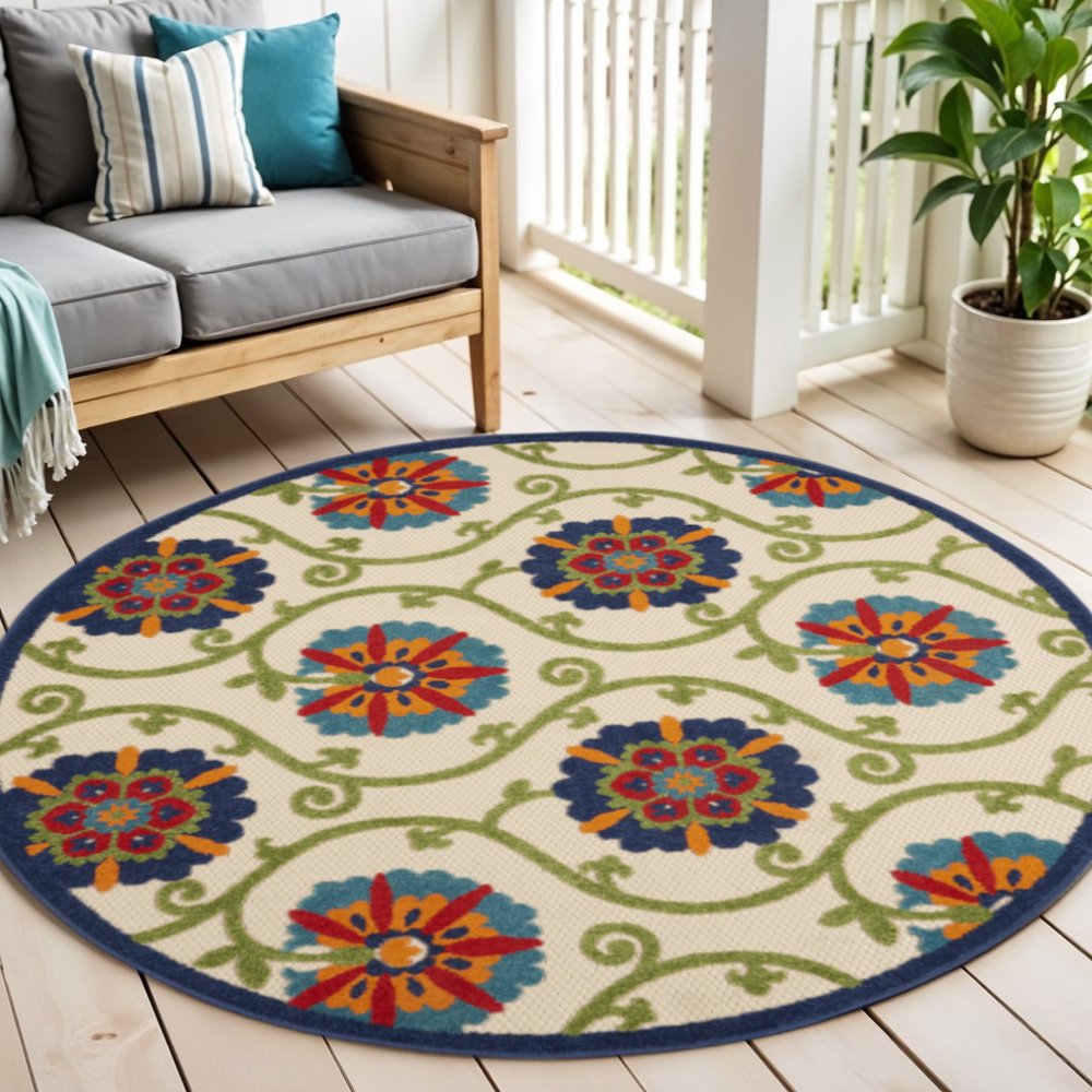 5' Ivory And Blue Round Indoor Outdoor Area Rug