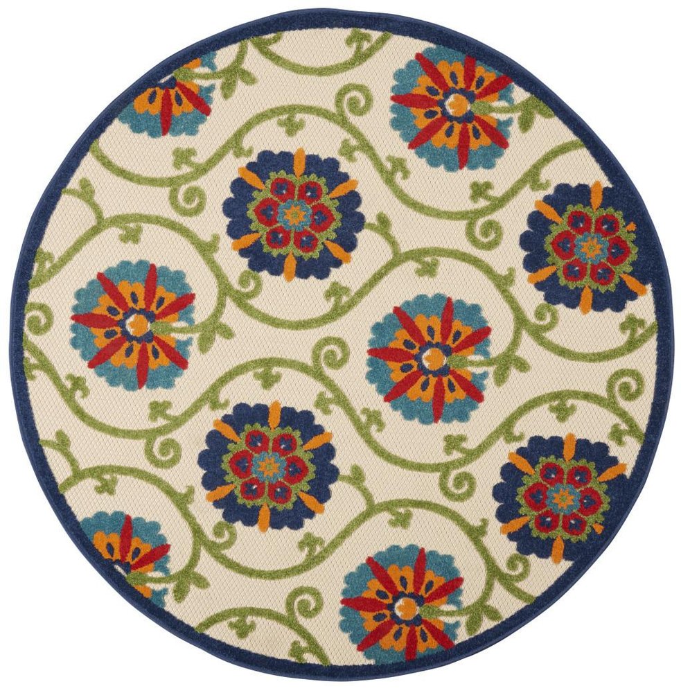 5' Ivory And Blue Round Indoor Outdoor Area Rug