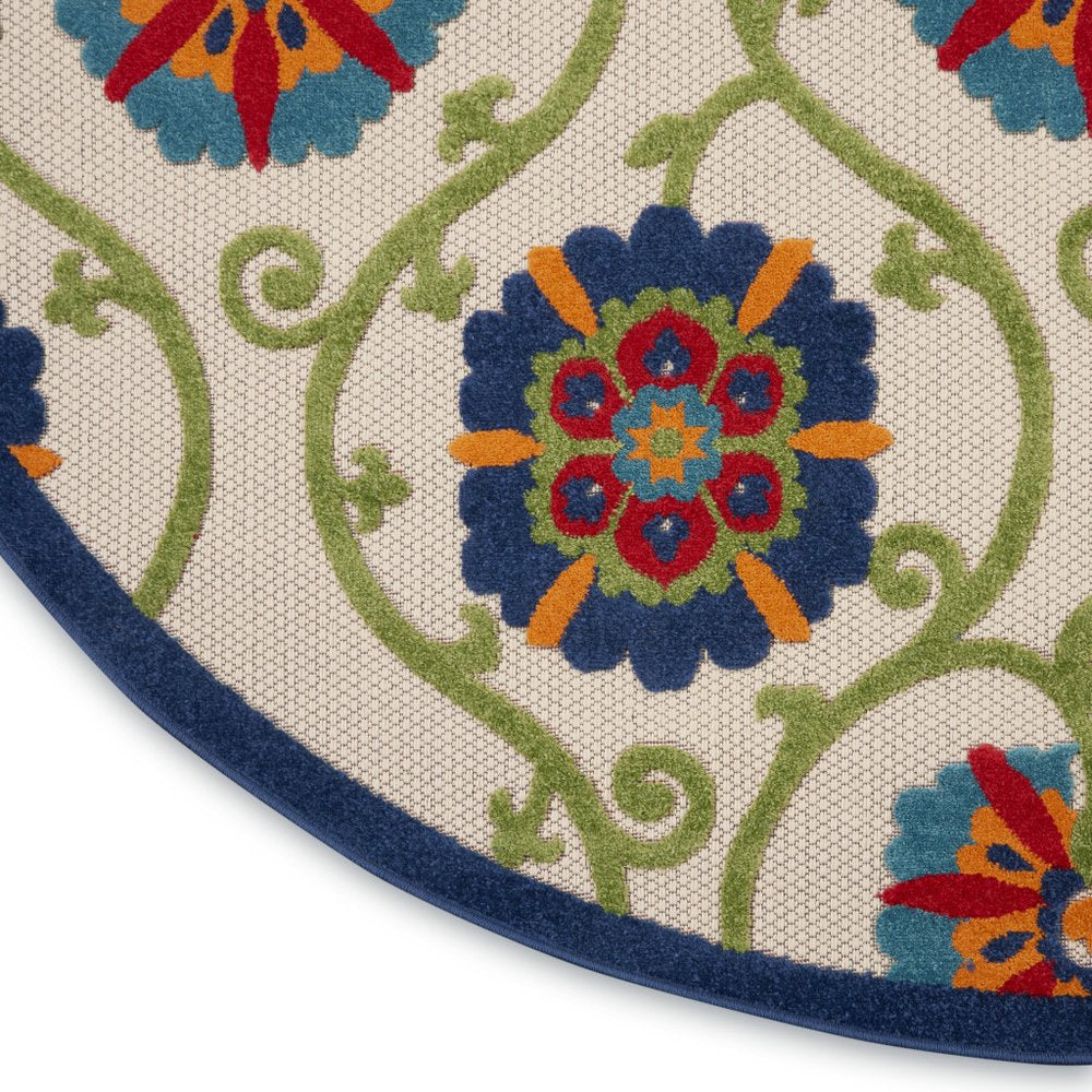 5' Ivory And Blue Round Indoor Outdoor Area Rug