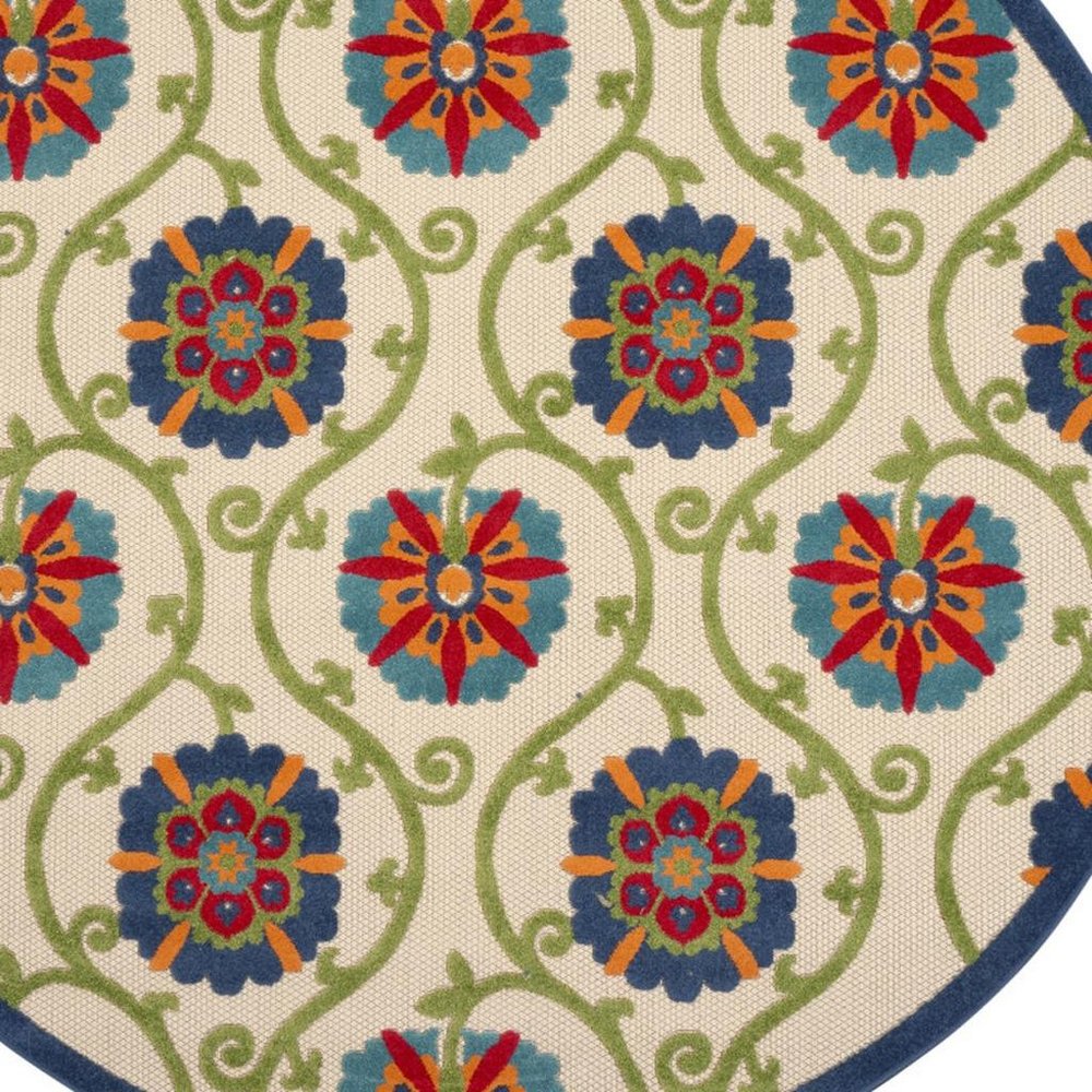 5' Ivory And Blue Round Indoor Outdoor Area Rug