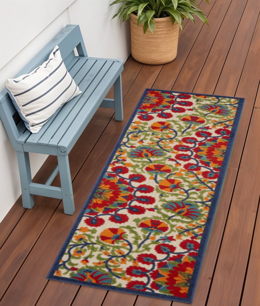 8' Red And Ivory Floral Indoor Outdoor Area Rug
