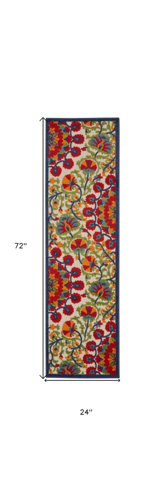 8' Red And Ivory Floral Indoor Outdoor Area Rug