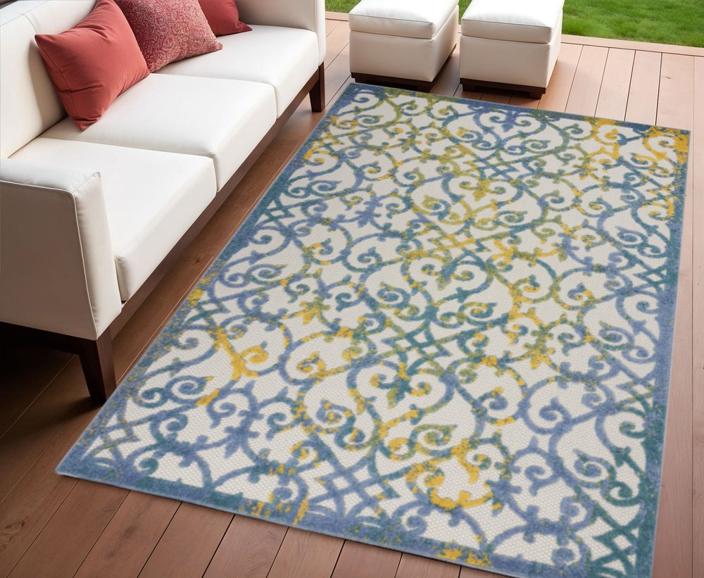 8' X 11' Ivory And Blue Indoor Outdoor Area Rug