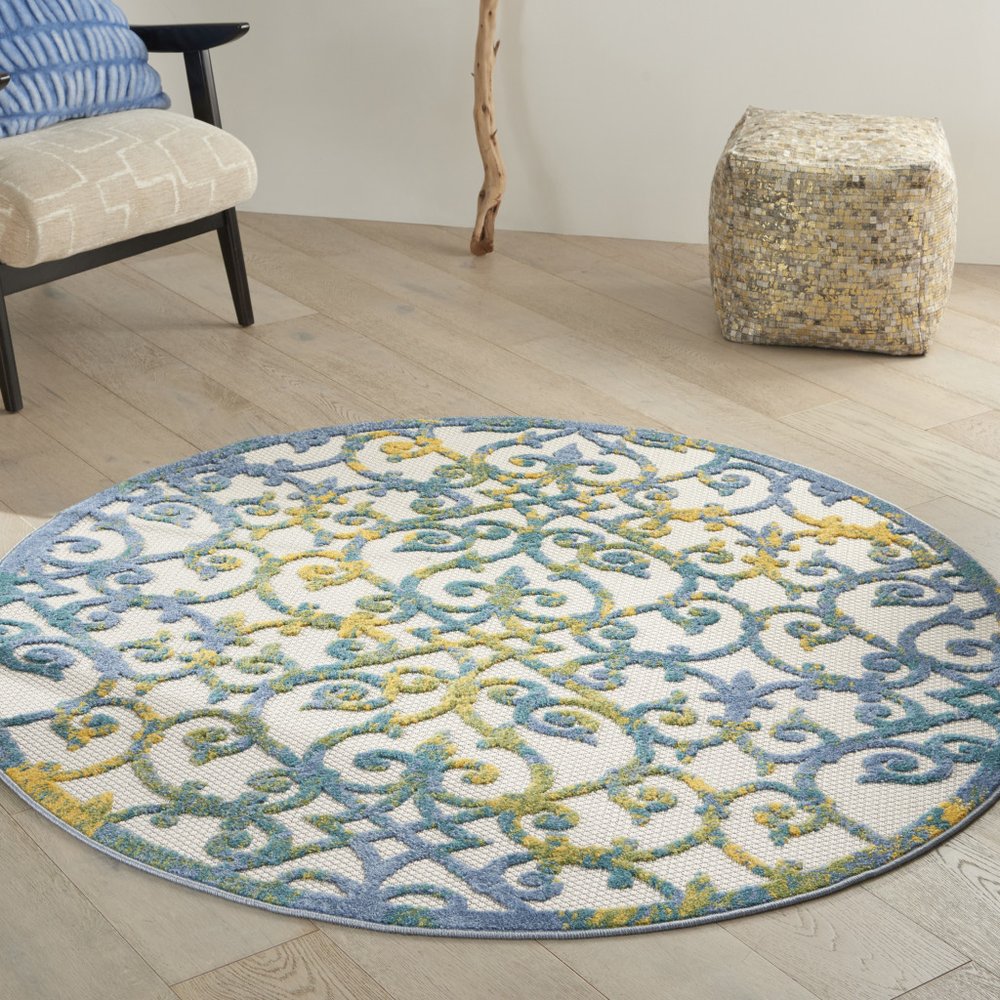 8' X 11' Ivory And Blue Indoor Outdoor Area Rug