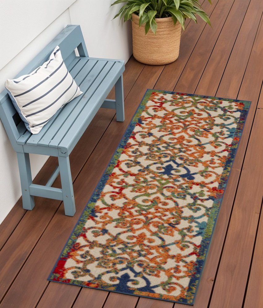 12' Ivory And Blue Indoor Outdoor Runner Rug