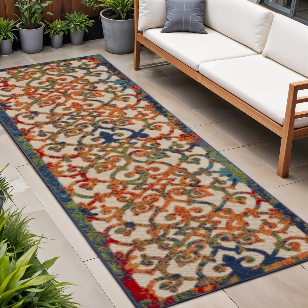 12' Ivory And Blue Indoor Outdoor Runner Rug