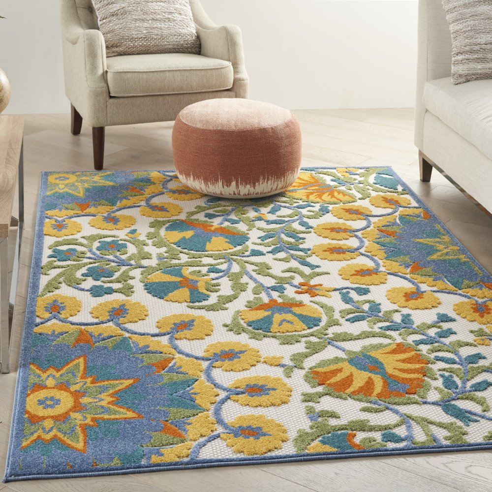 8' X 11' Ivory And Blue Floral Indoor Outdoor Area Rug