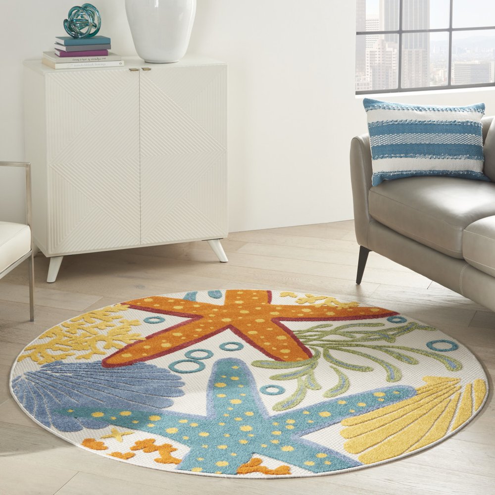5' Yellow And Ivory Round Indoor Outdoor Area Rug