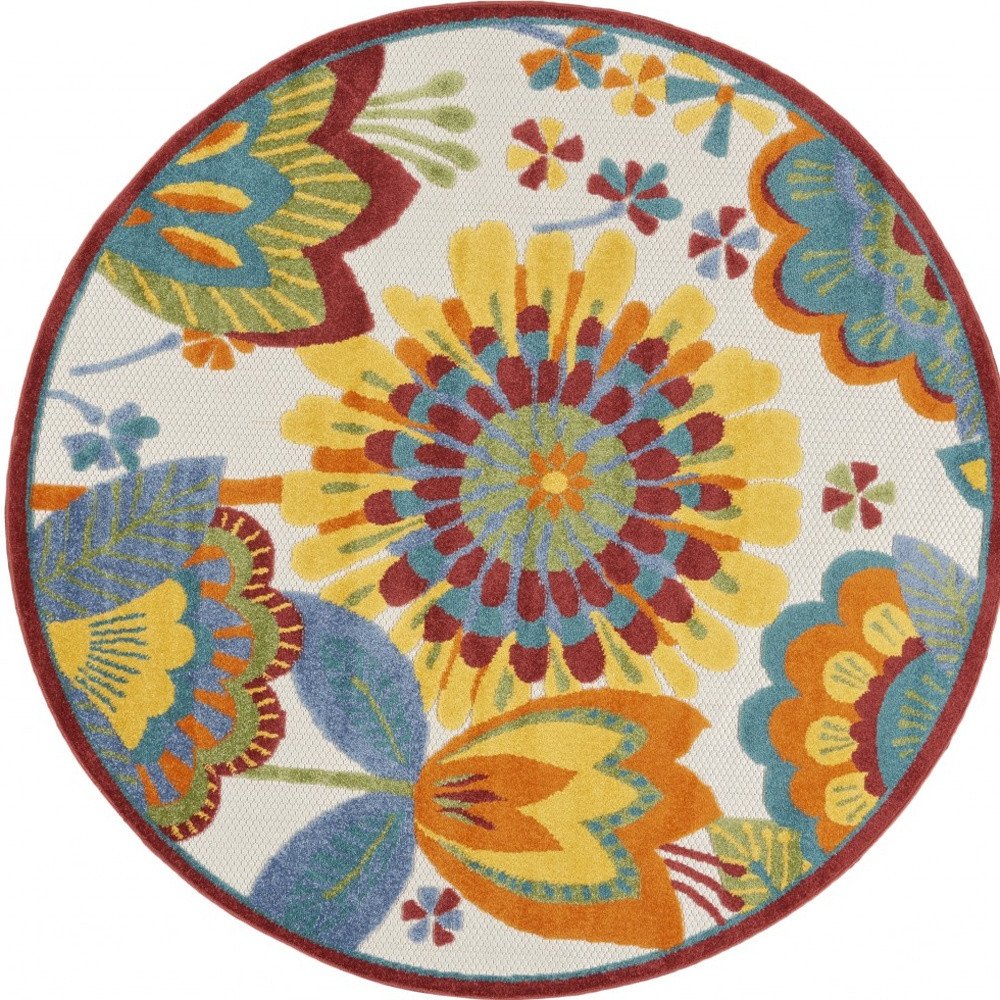 8' Yellow And Ivory Round Indoor Outdoor Area Rug