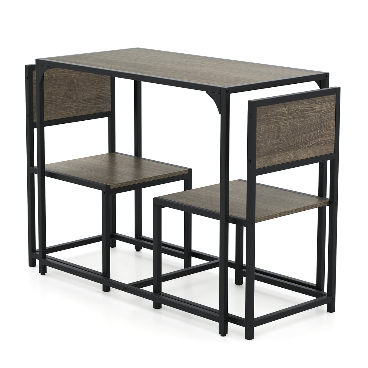3 Pieces Dining Set Compact Table and 2 Chair with Metal Frame for Small Space-Oak