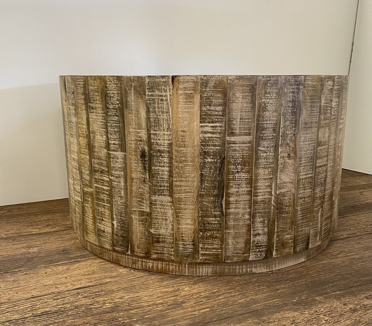 32" Brown Solid Wood Round Distressed Drum Coffee Table