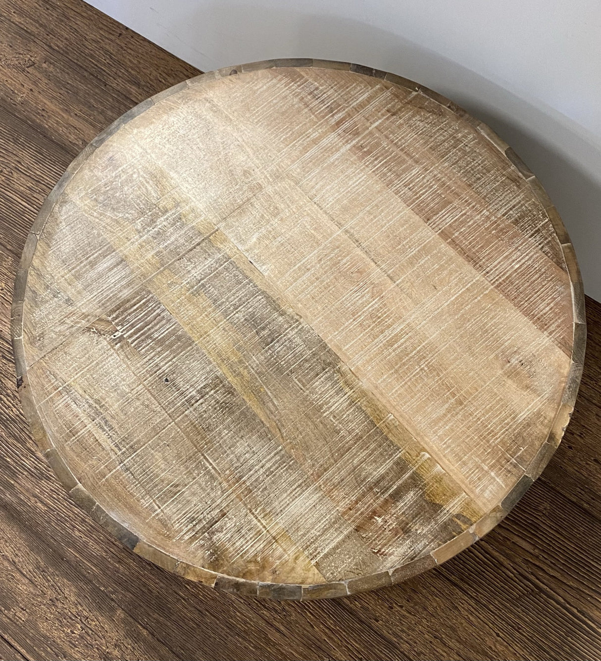 32" Brown Solid Wood Round Distressed Drum Coffee Table