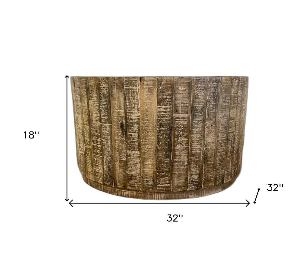 32" Brown Solid Wood Round Distressed Drum Coffee Table