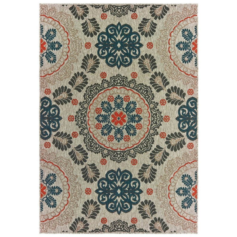 3' X 5' Blue And Gray Damask Indoor Outdoor Area Rug