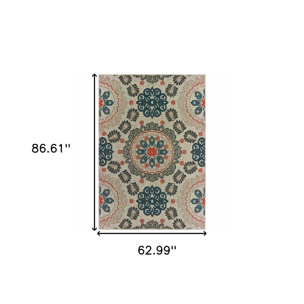 3' X 5' Blue And Gray Damask Indoor Outdoor Area Rug
