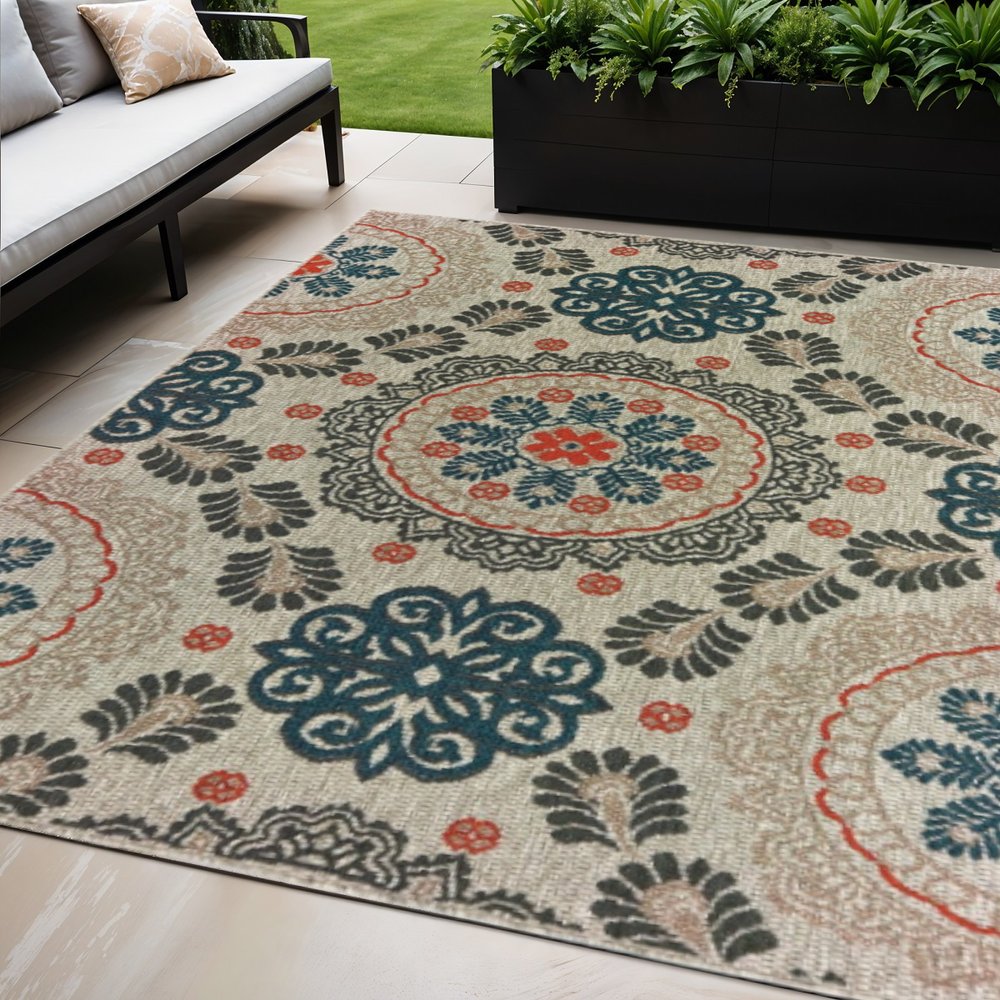 3' X 5' Blue And Gray Damask Indoor Outdoor Area Rug
