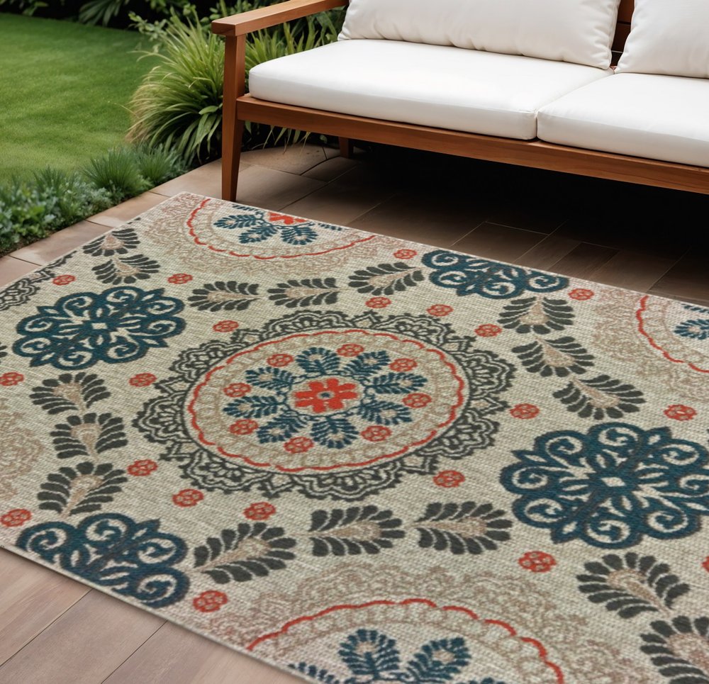 3' X 5' Blue And Gray Damask Indoor Outdoor Area Rug
