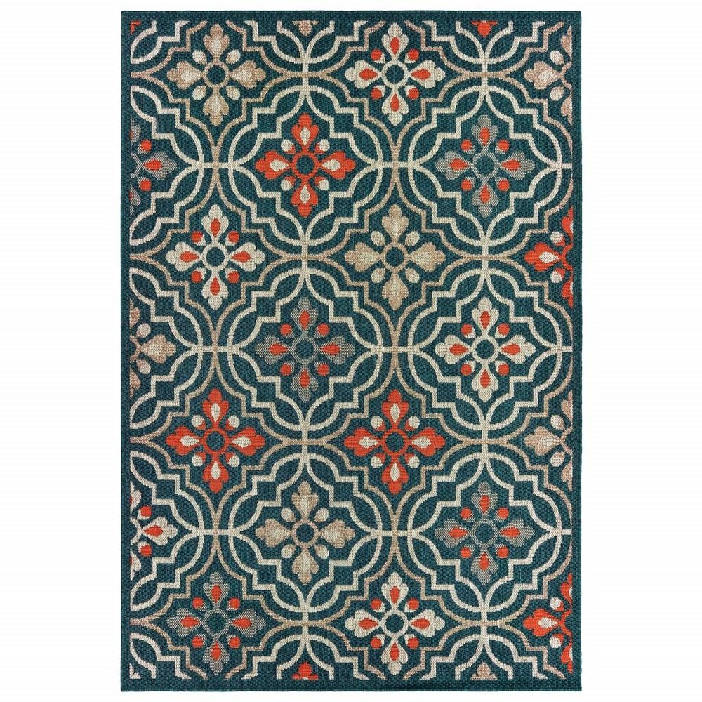 5' X 7' Blue And Orange Moroccan Indoor Outdoor Area Rug