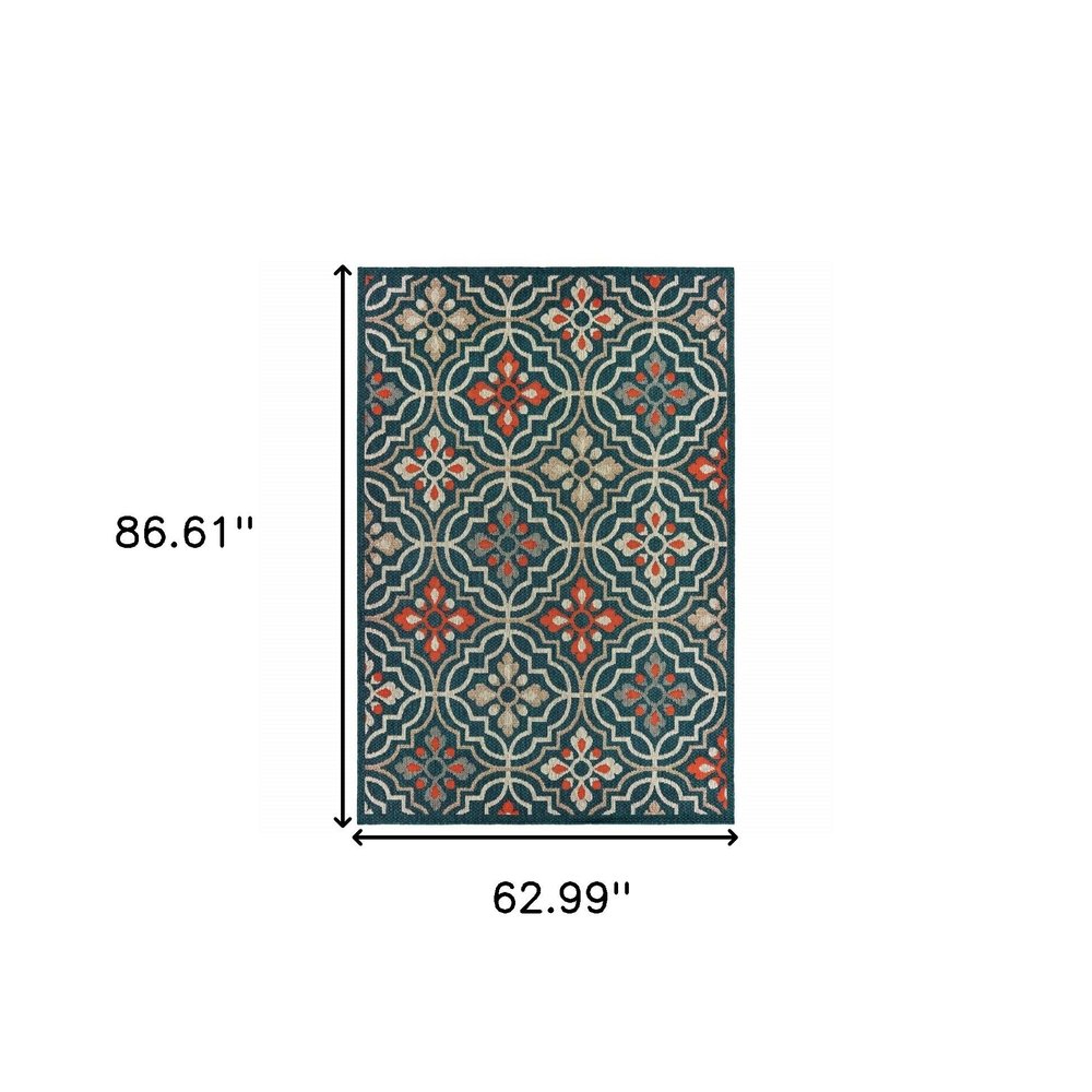5' X 7' Blue And Orange Moroccan Indoor Outdoor Area Rug