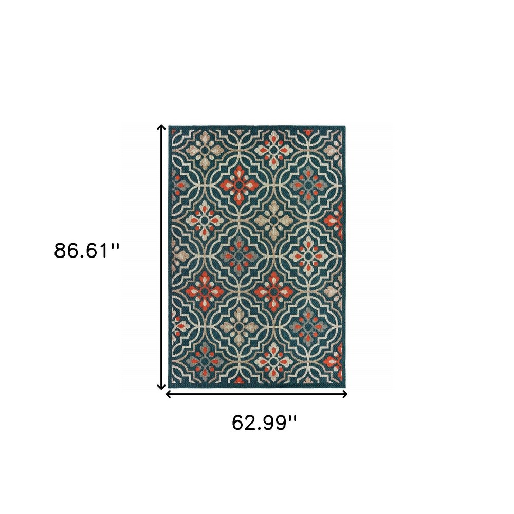 5' X 7' Blue And Orange Moroccan Indoor Outdoor Area Rug