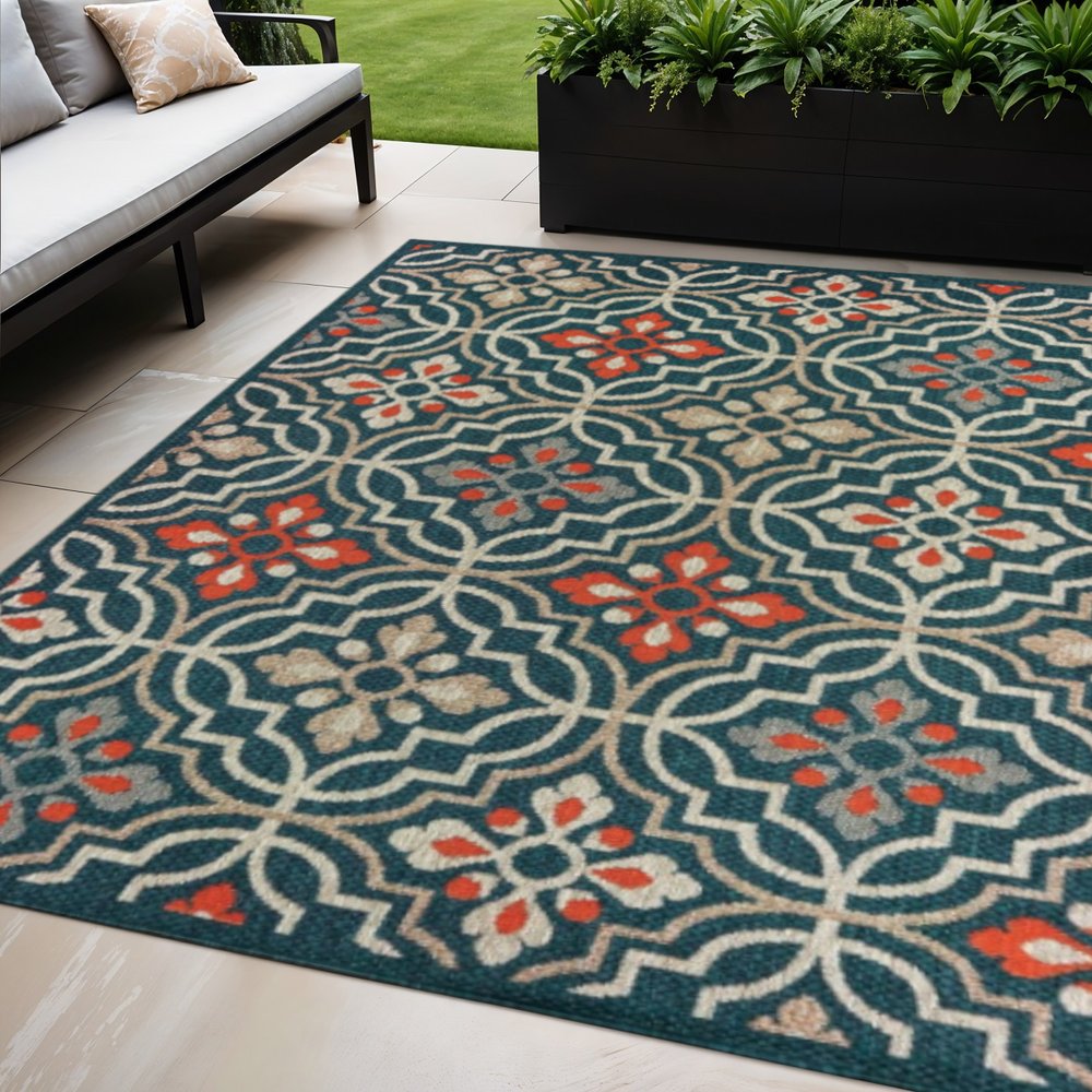 10' X 13' Blue and Orange Moroccan Indoor Outdoor Area Rug