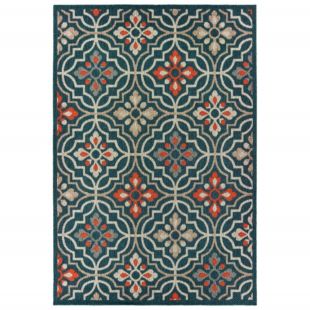 5' X 7' Blue And Orange Moroccan Indoor Outdoor Area Rug