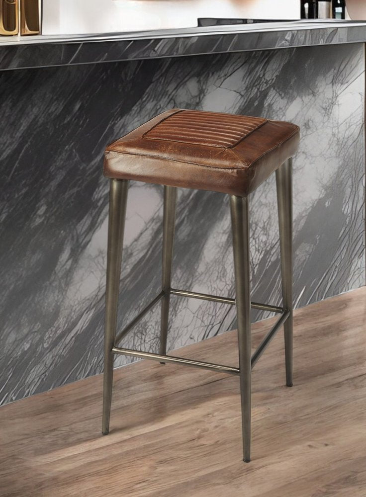 32" Brown and Gray Manufactured Wood and Iron Backless Counter Height Bar Chair