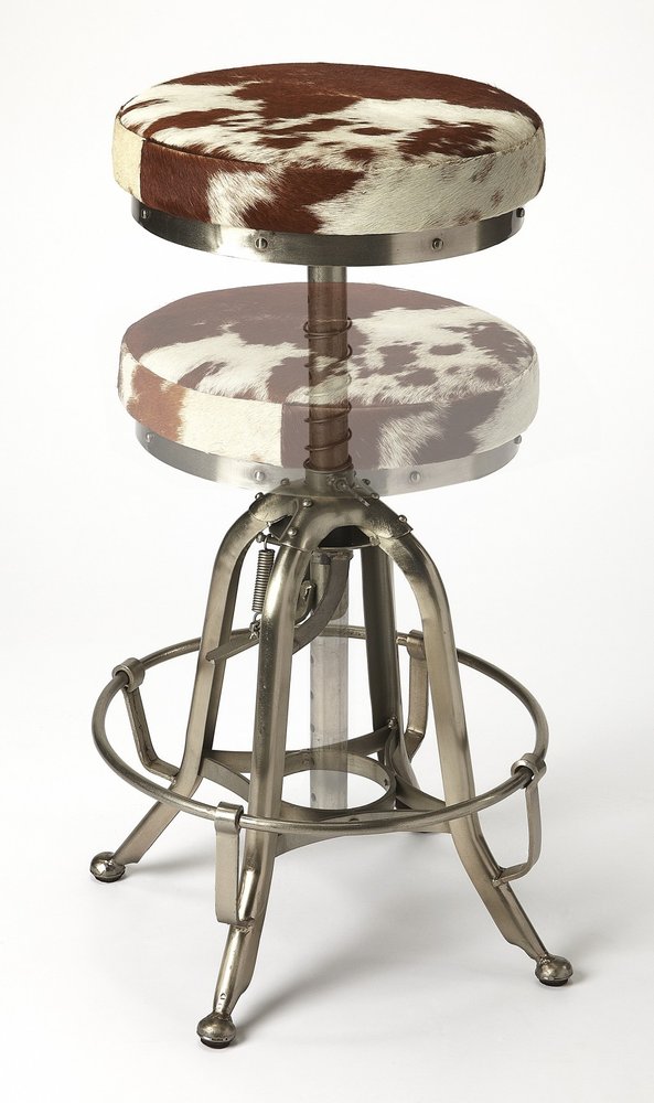 Brown And White and Silver Iron Backless Swivel Bar Chair