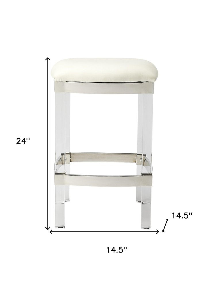 24" White and Clear Stainless Steel and Acrylic Backless Counter Height Bar Chair