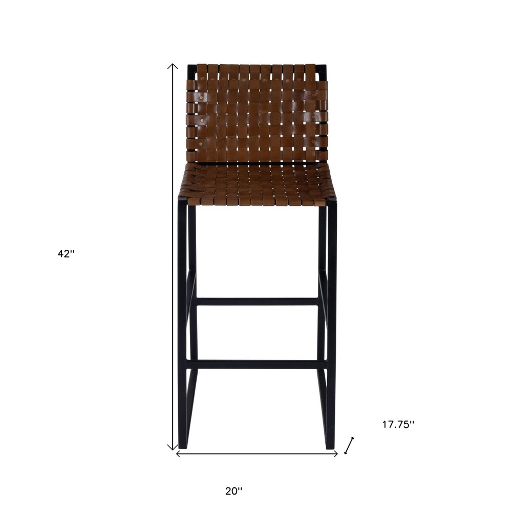 28" Brown and Black Leather and Iron Bar Chair