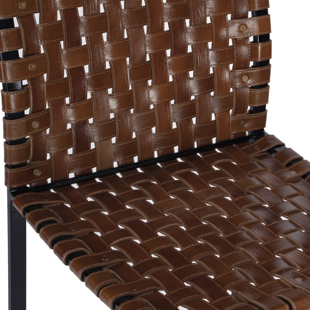 28" Brown and Black Leather and Iron Bar Chair