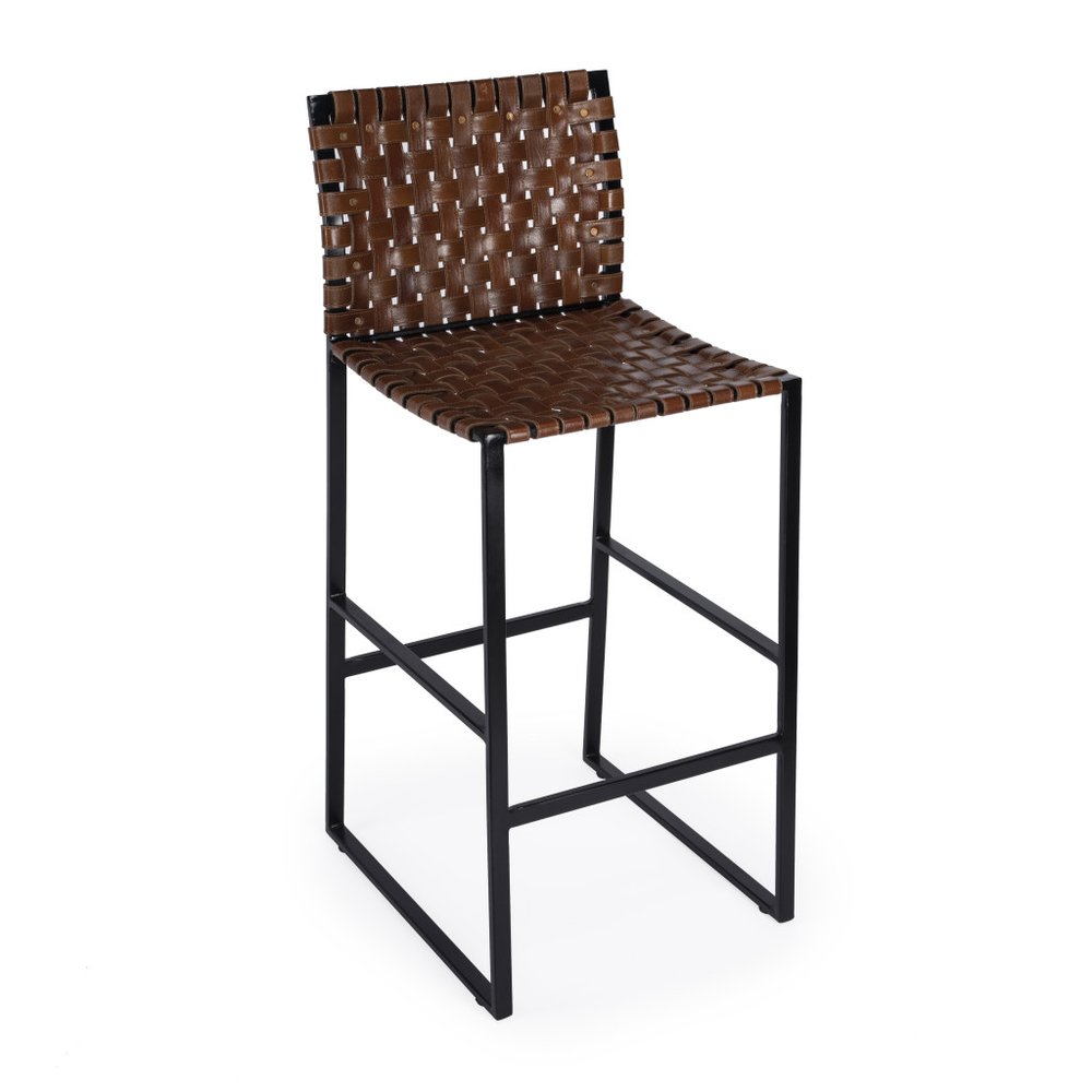 28" Brown and Black Leather and Iron Bar Chair