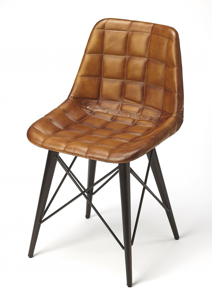 18" Brown Faux Leather Checkered Tufted Side Chair