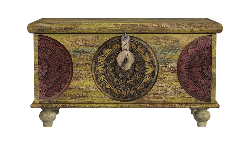 33" Brown and Green Wood Distressed Coffee Table