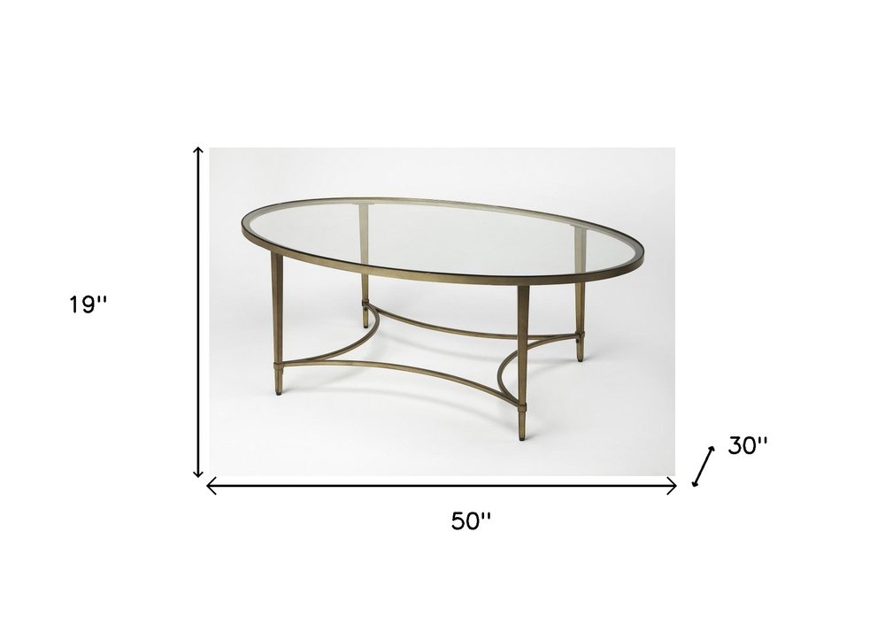 50" Clear and Gold Glass and Metal Oval Coffee Table