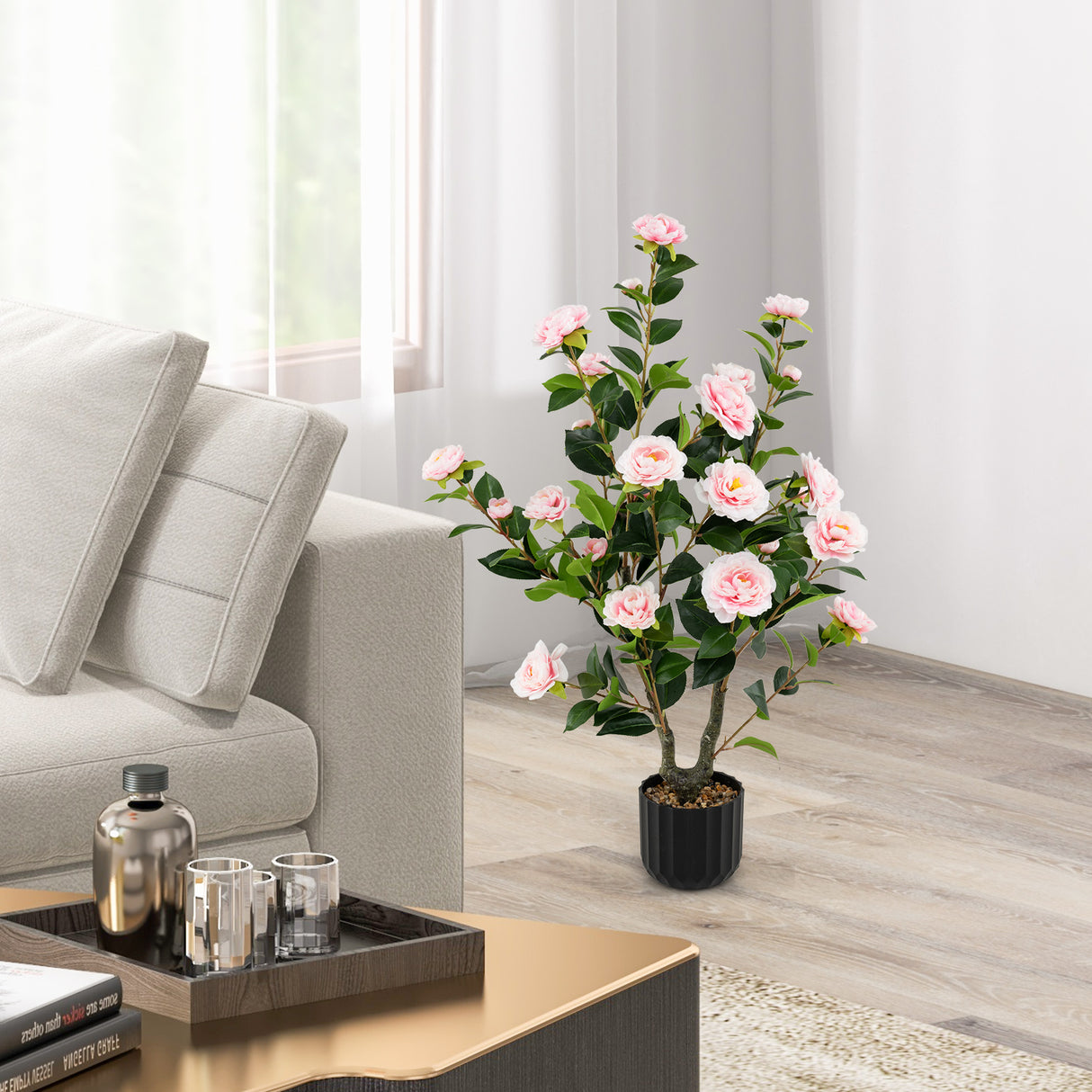 38 Inch Artificial Camellia Tree Faux Flower Plant in Cement Pot-Pink