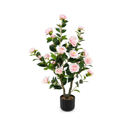 38 Inch Artificial Camellia Tree Faux Flower Plant in Cement Pot-Pink