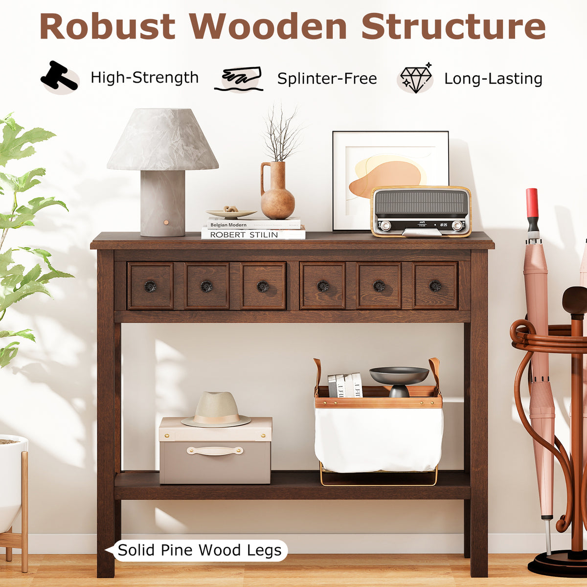 38 Inch Rustic Console Table with 2 Drawers and Bottom Open Shelf-Espresso
