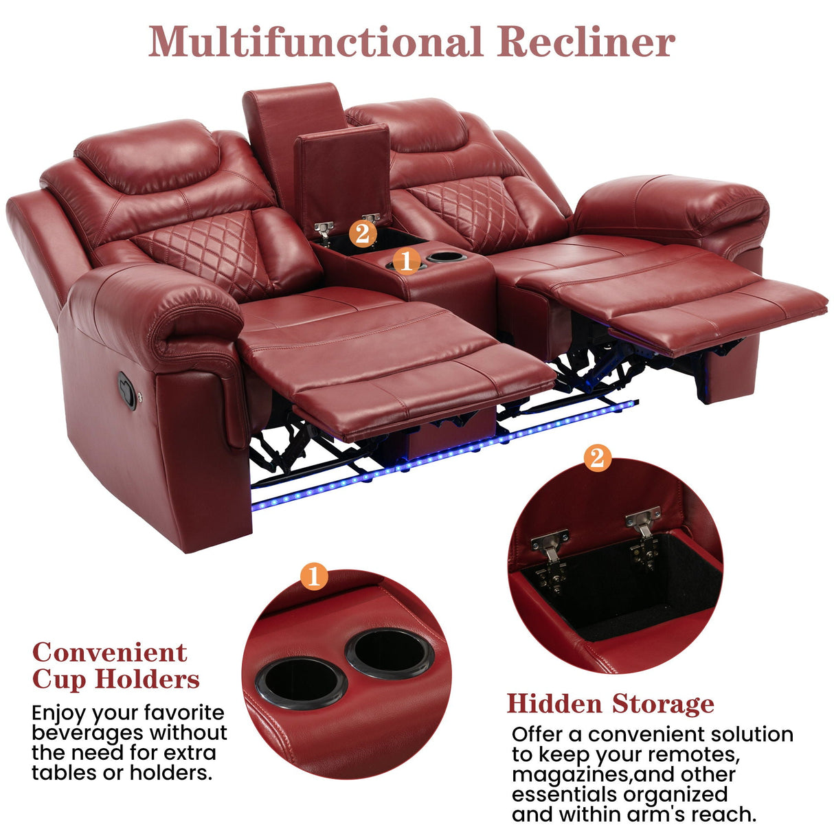 Home Theater Seating Manual Recliner Loveseat With Hide-Away Storage, Cup Holders And Led Light Strip For Living Room by Couch.com