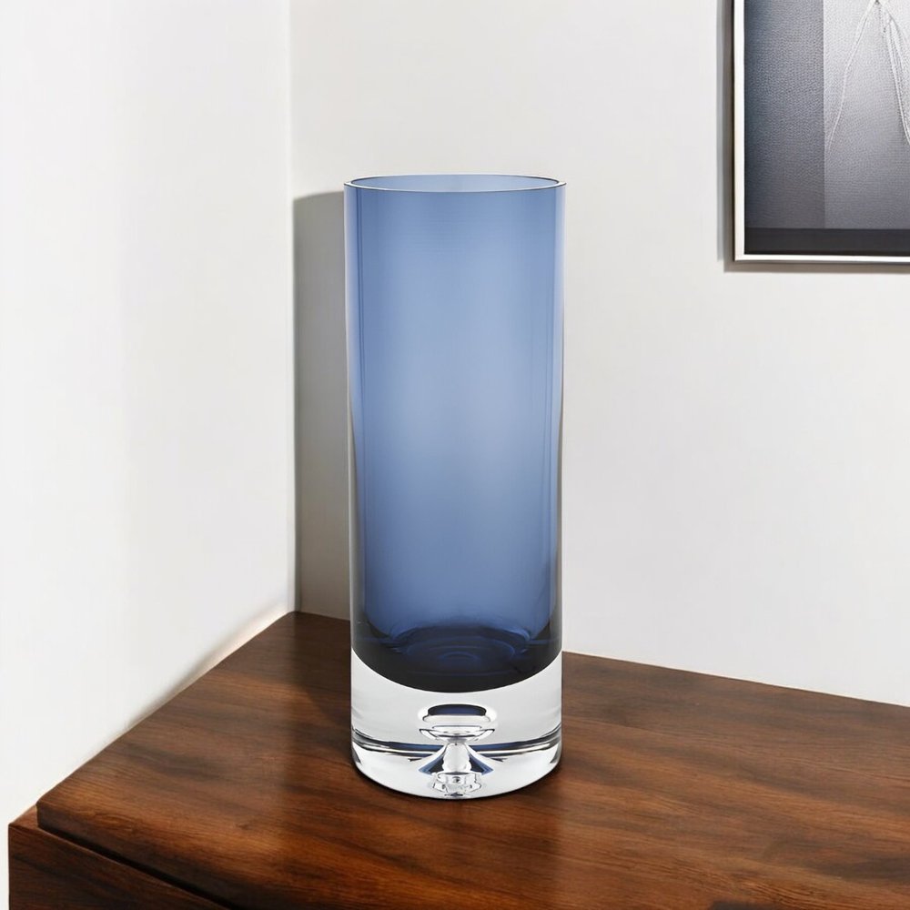 11" Blue And Clear Cylinder Crystal Glass Table Vase