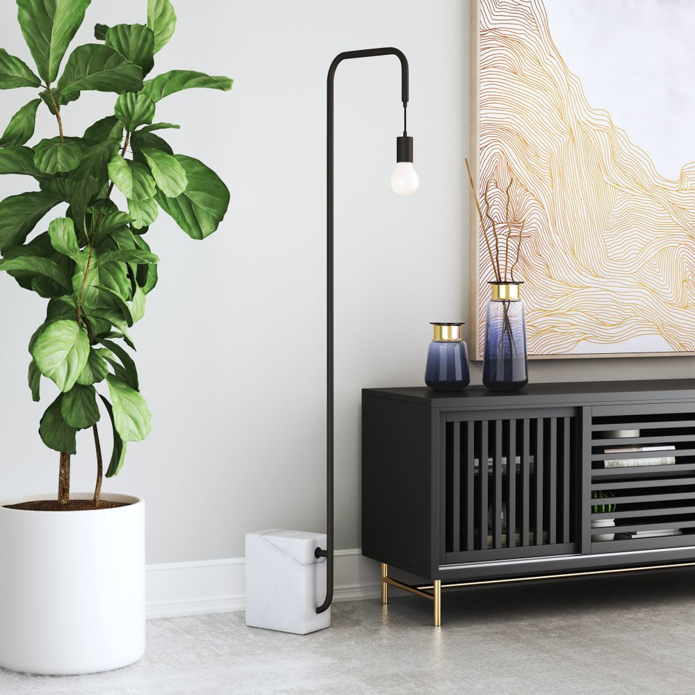 59" Black And White Marble And Steel LED Floor Lamp