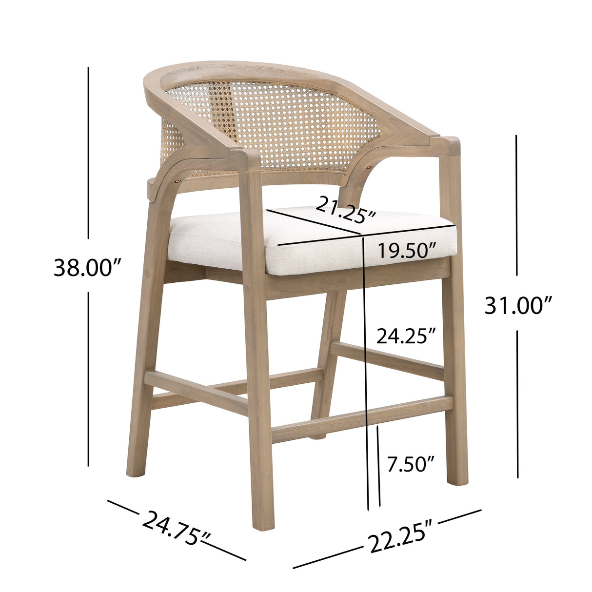 Wooden Frame Counter Stool with Rattan Back - Set of 2